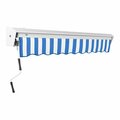 Awntech Manual retractable awning with blue/white stripes and protective hood for patios. 237DM12BBW